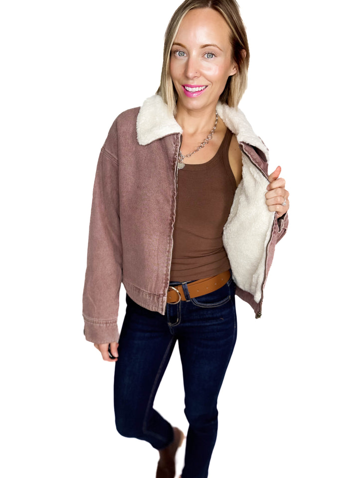 Velvet Frost Sherpa Lined Denim Jacket- ROSEWOOD