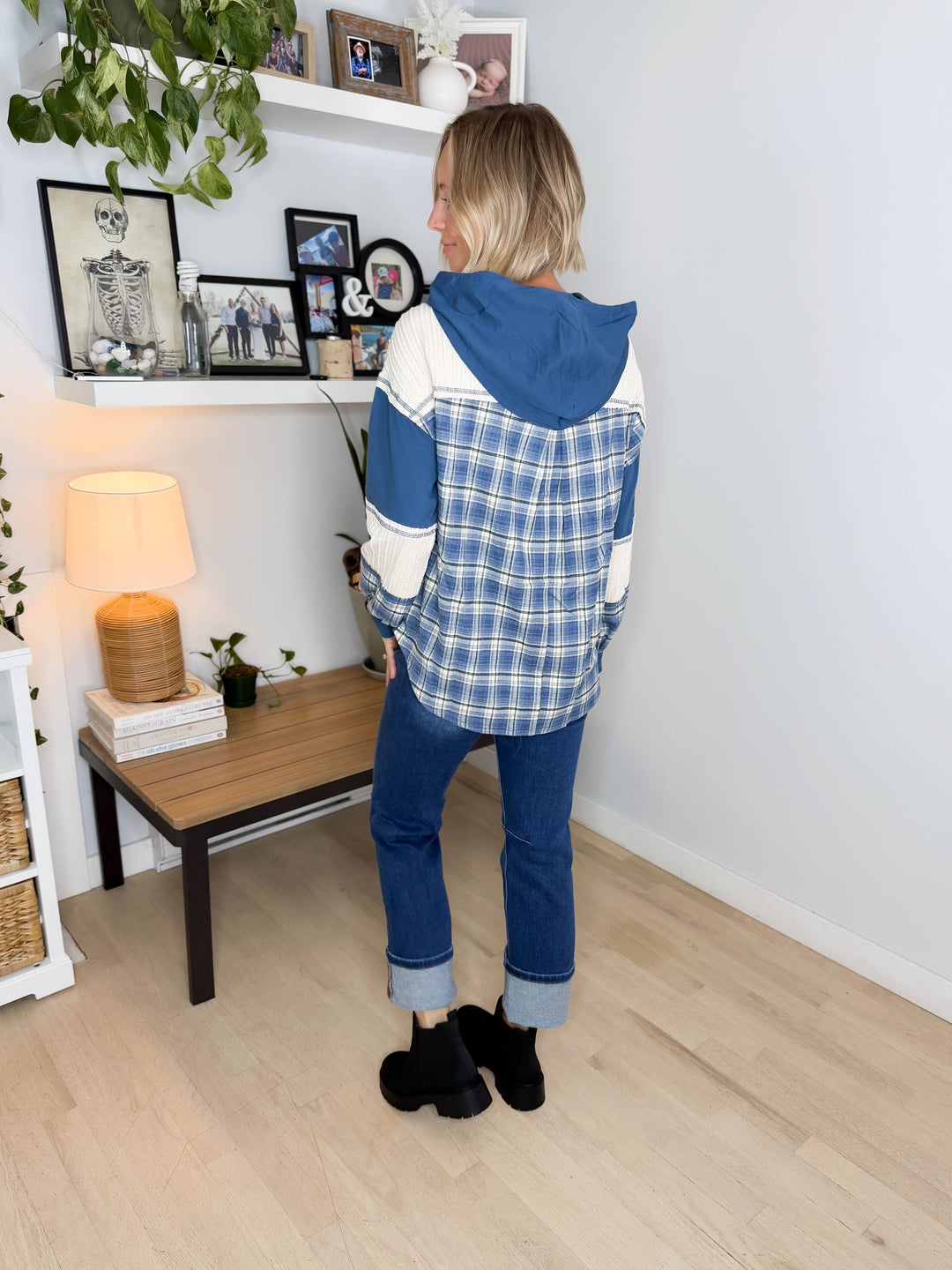 Maren Plaid Cotton Hoodie- DENIM