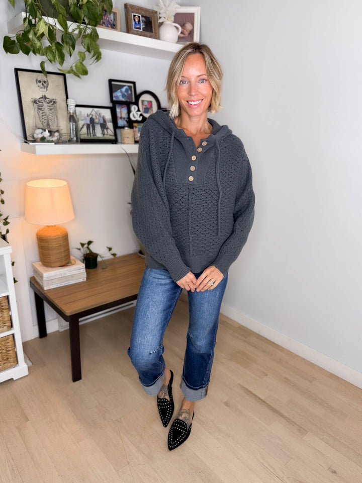 Elenara Half Button Down Hoodie Sweater- CHARCOAL