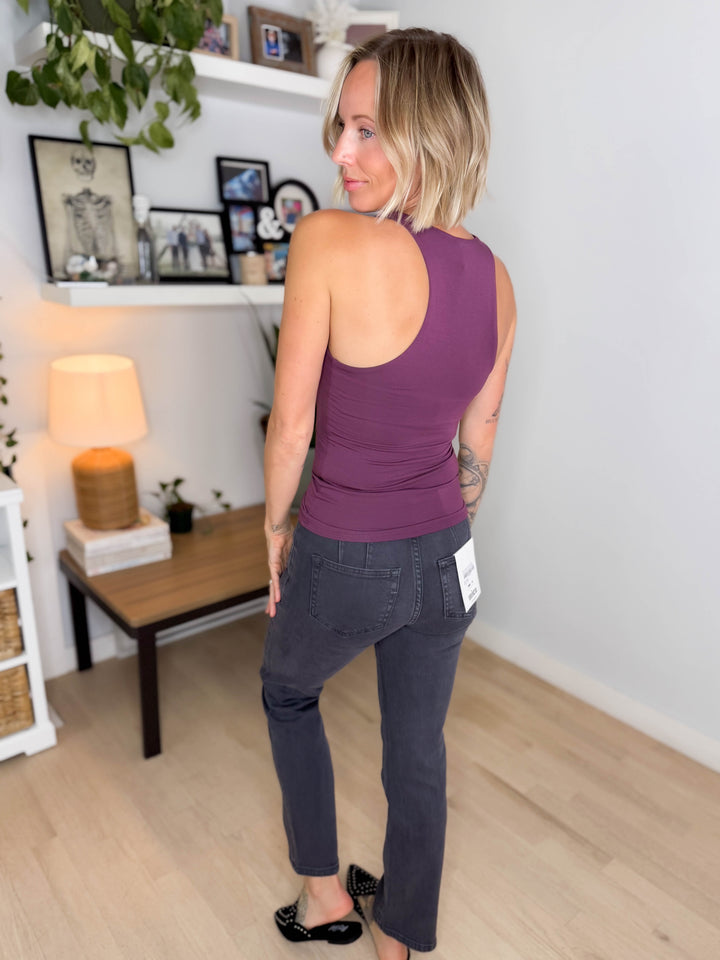 Sandra Doubled Lined V-Neck Racerback Tank- DARK PLUM