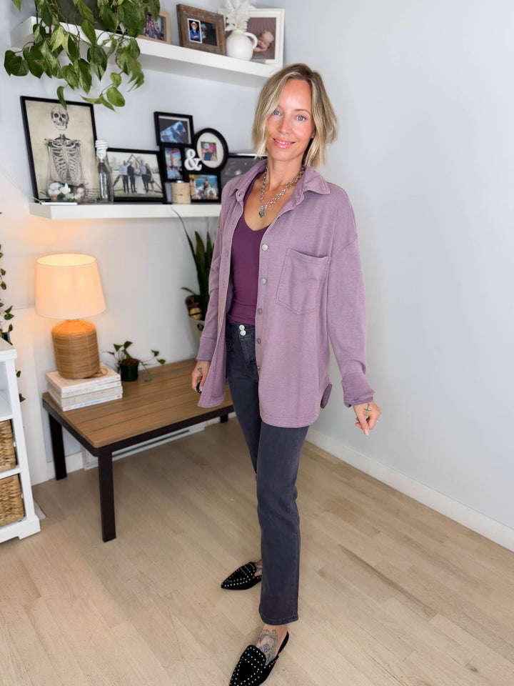 Darla Oversized Washed Soft Button Shacket- COCOA
