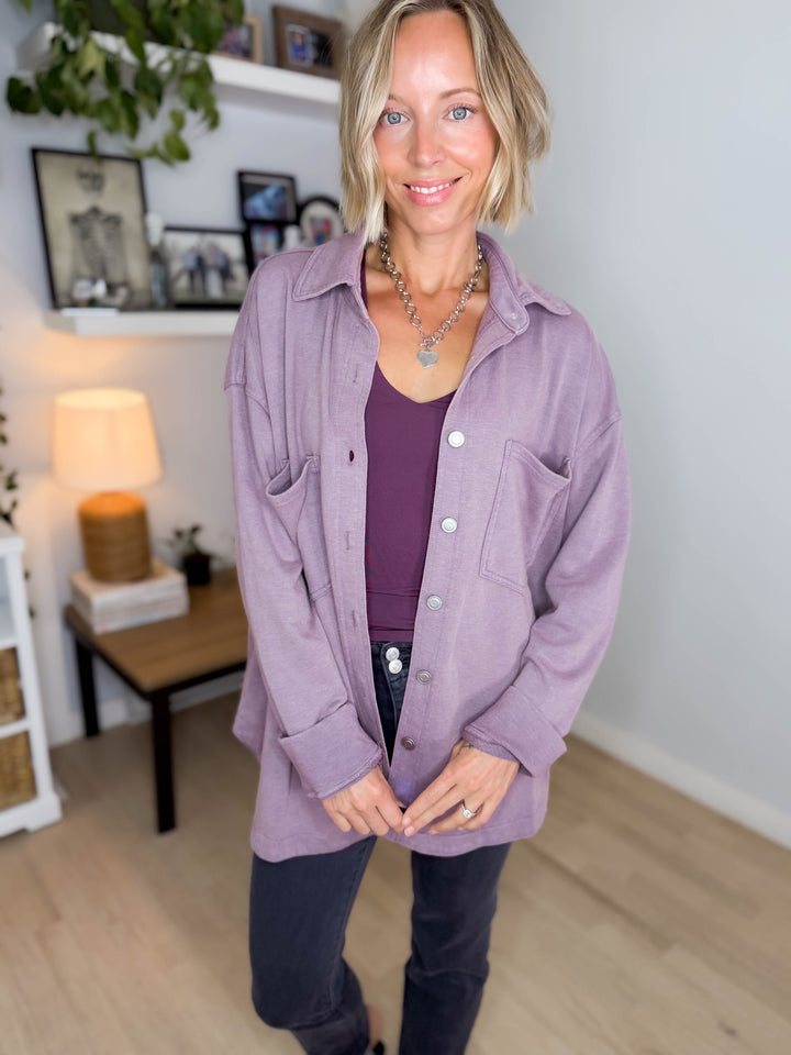 Darla Oversized Washed Soft Button Shacket- COCOA