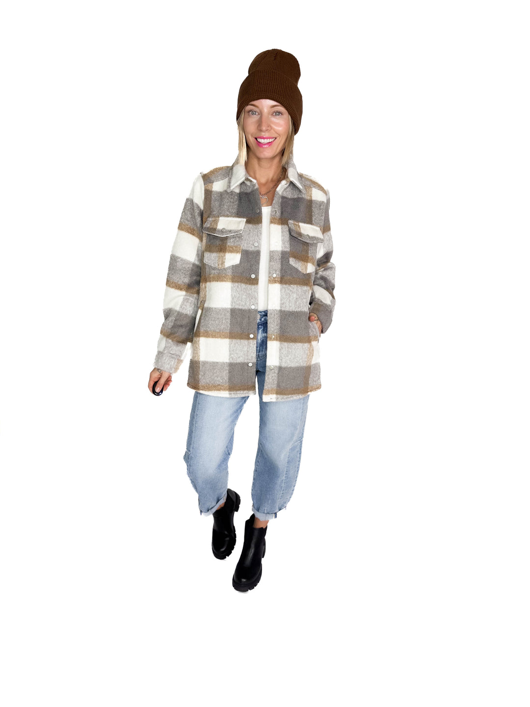 Snowfall Plaid Shacket- GREY