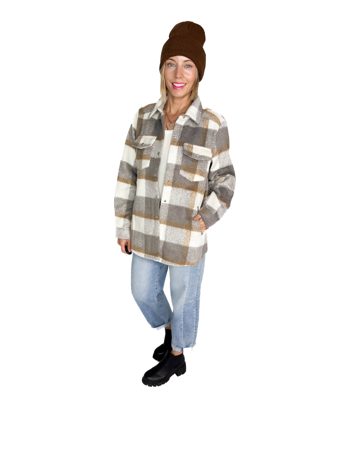 Snowfall Plaid Shacket- GREY