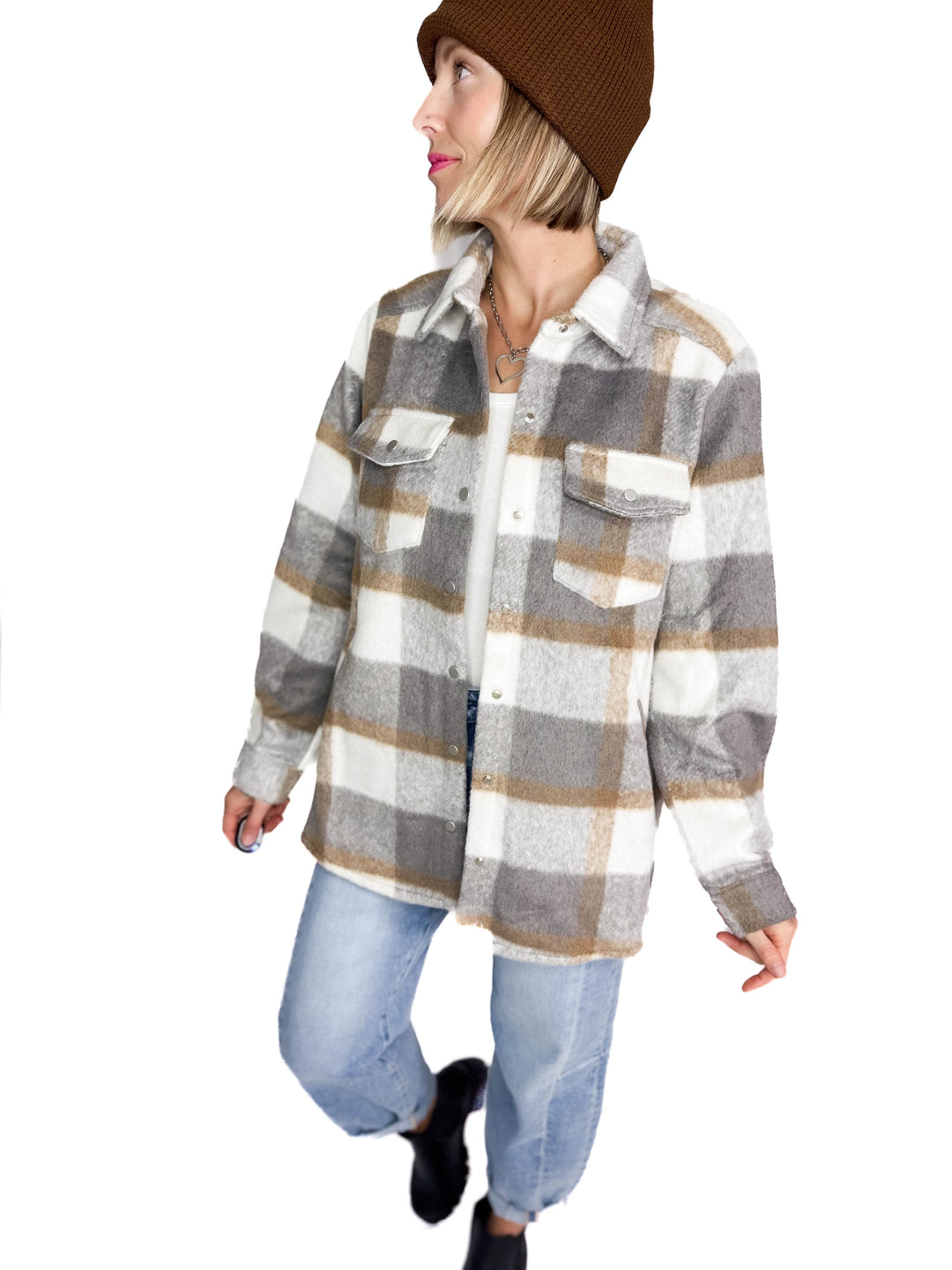 Snowfall Plaid Shacket- GREY