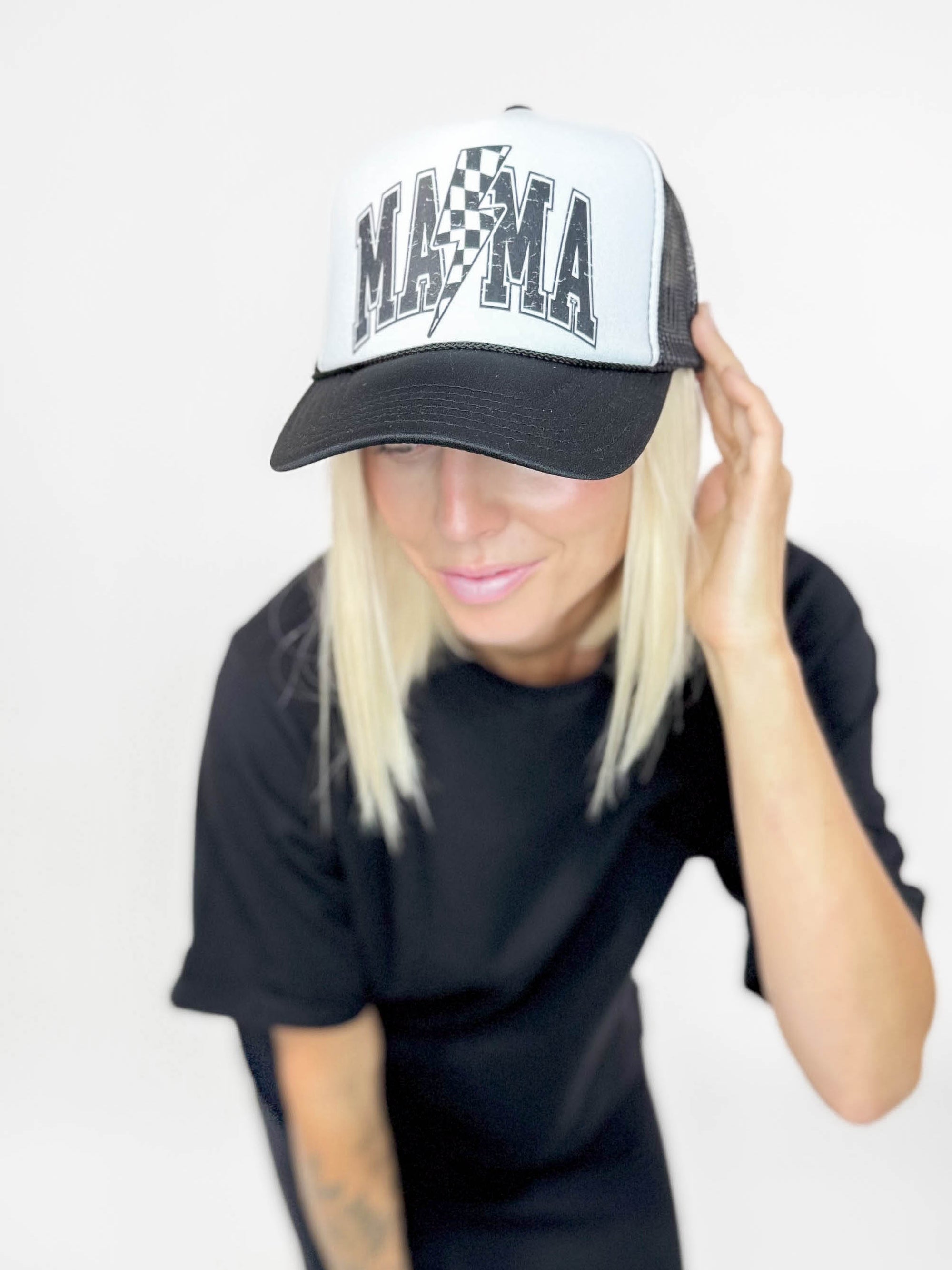 Mama Retro Trucker Hat- WHITE/BLACK-FINAL SALE