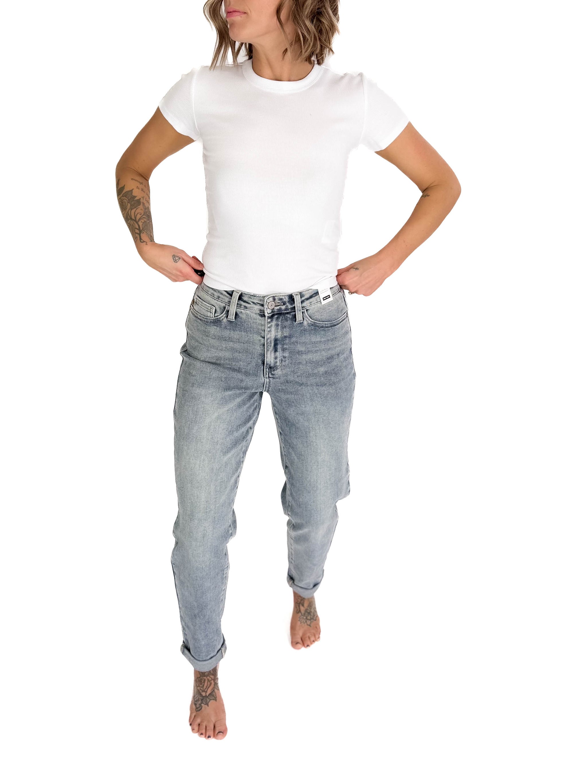 JUDY BLUE Rowan High Waist Boyfriend Jeans- MEDIUM GREY BLUE WASH