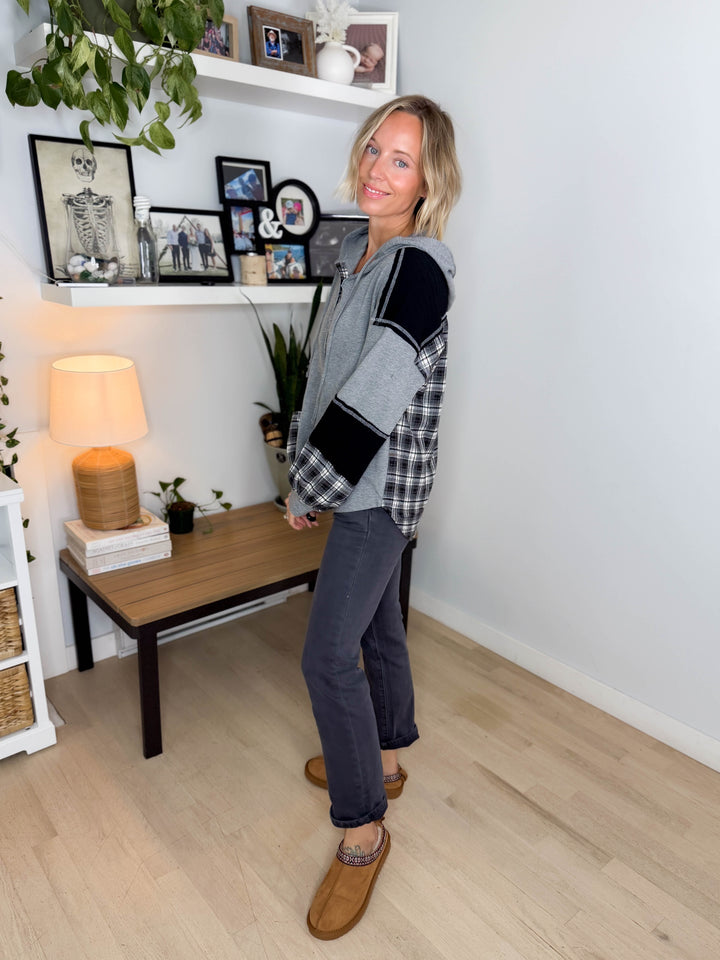 Maren Plaid Cotton Hoodie- HEATHER GREY