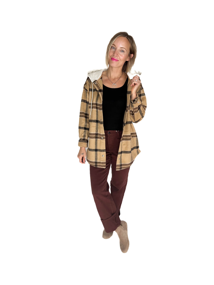 Cocoa + Cream Plaid Hooded Shacket- CAMEL