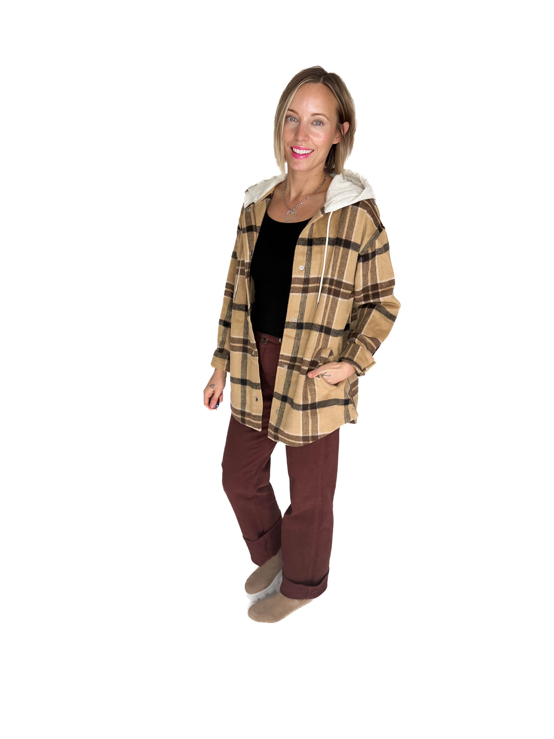 Cocoa + Cream Plaid Hooded Shacket- CAMEL