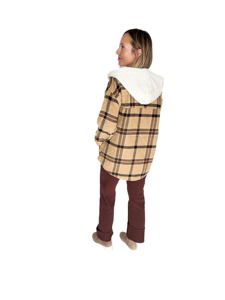 Cocoa + Cream Plaid Hooded Shacket- CAMEL