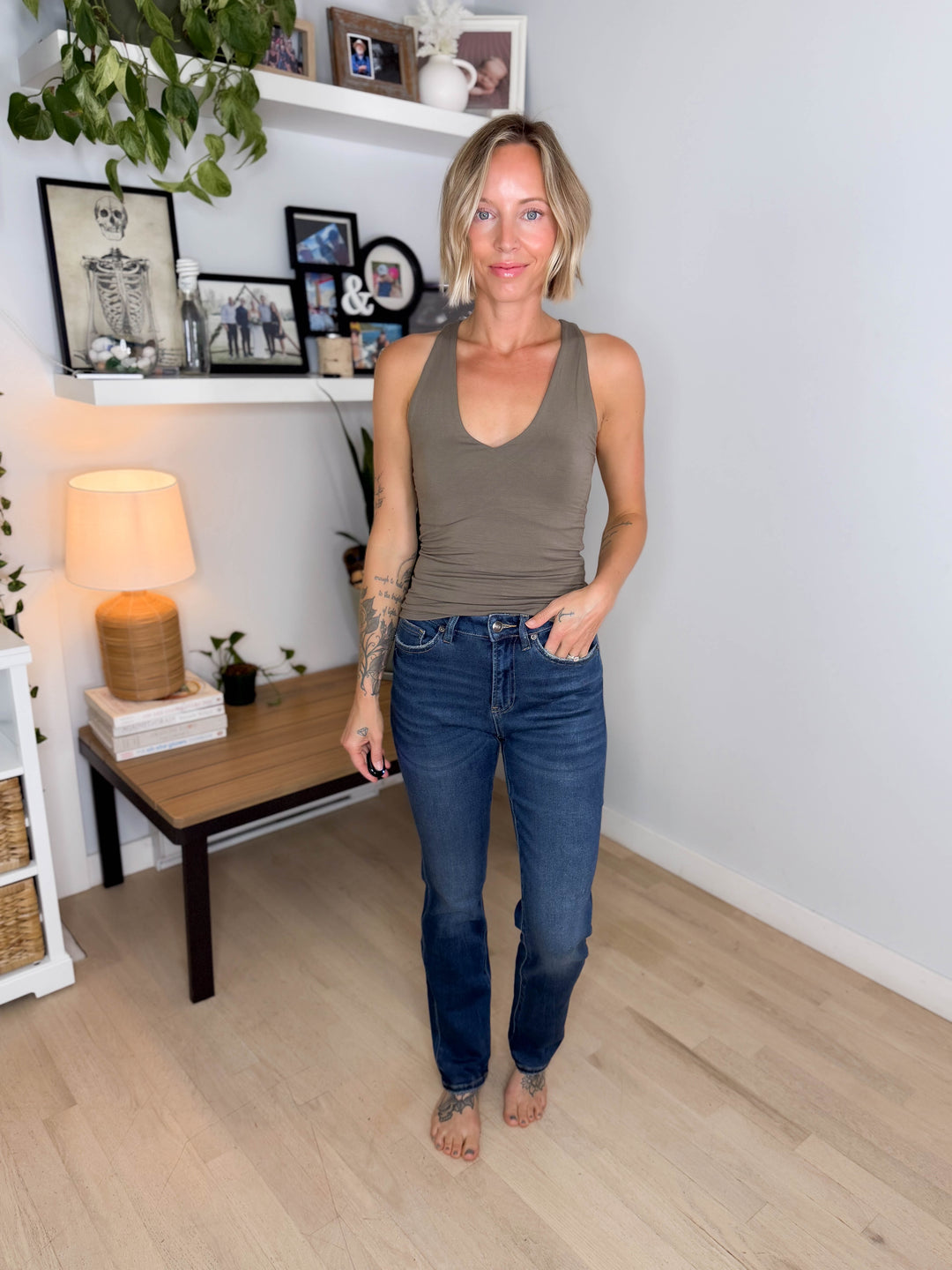 Sandra Doubled Lined V-Neck Racerback Tank- BURNT OLIVE