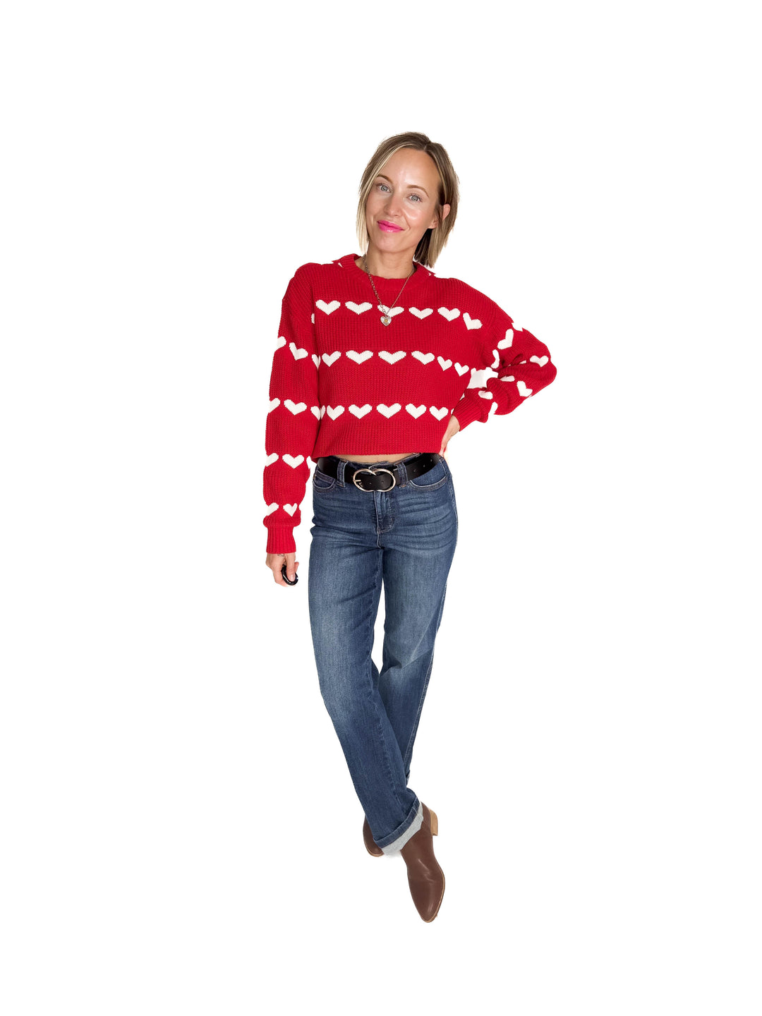 NOISY MAY Blitzen Heart Sweater- RACING RED