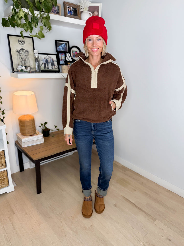 Justina Half Zip Sherpa Fleece Pullover- BROWN