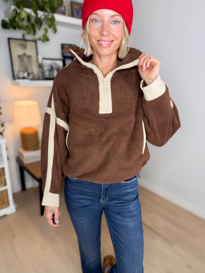 Justina Half Zip Sherpa Fleece Pullover- BROWN
