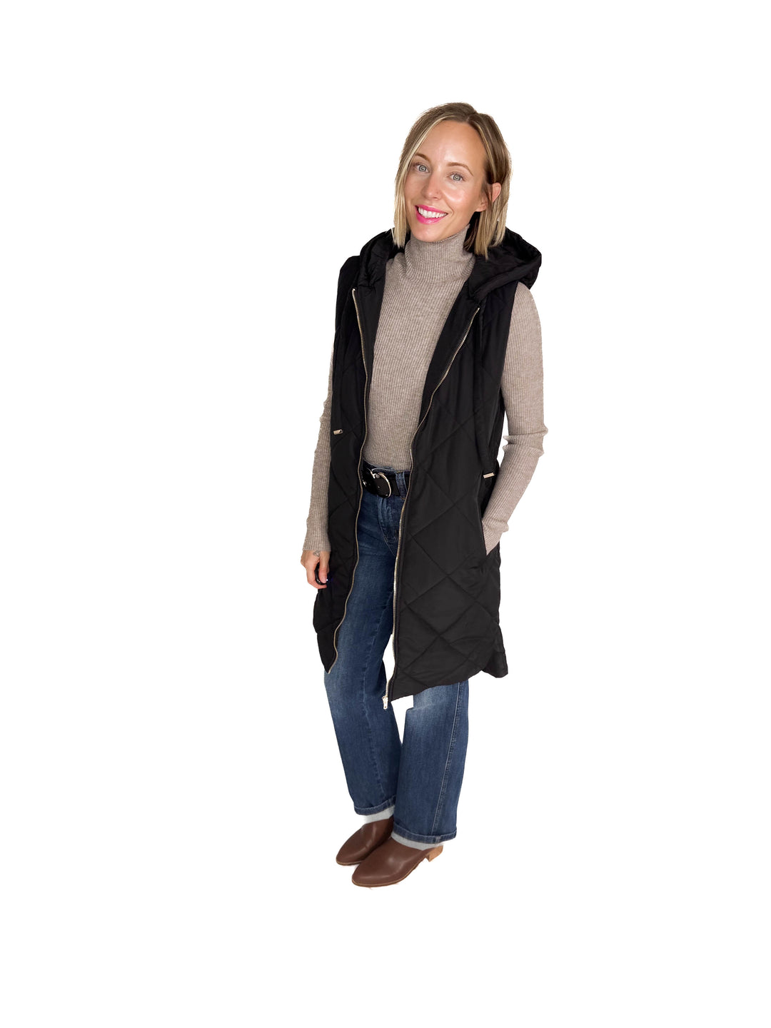 Glacier Girl Quilted Longline Vest- BLACK