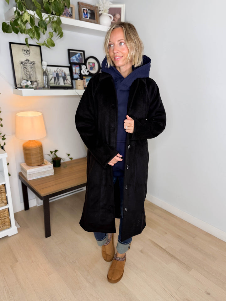 Woodrose Oversized Long Line Brushed Coat- BLACK