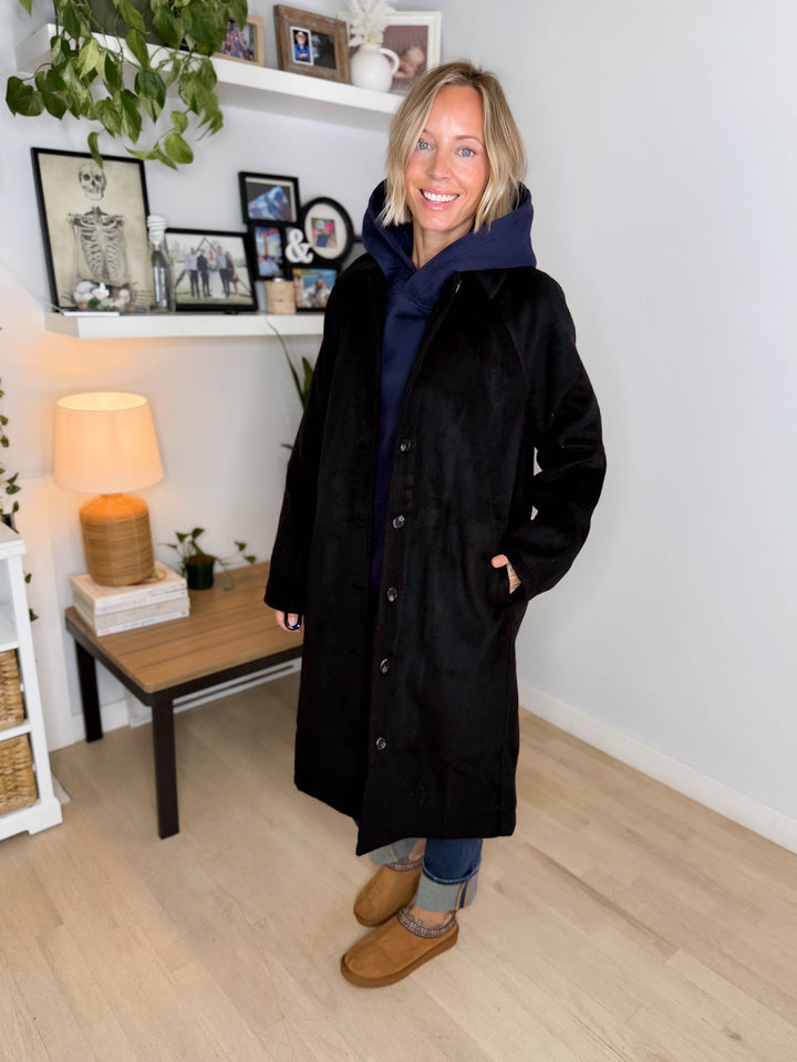 Woodrose Oversized Long Line Brushed Coat- BLACK