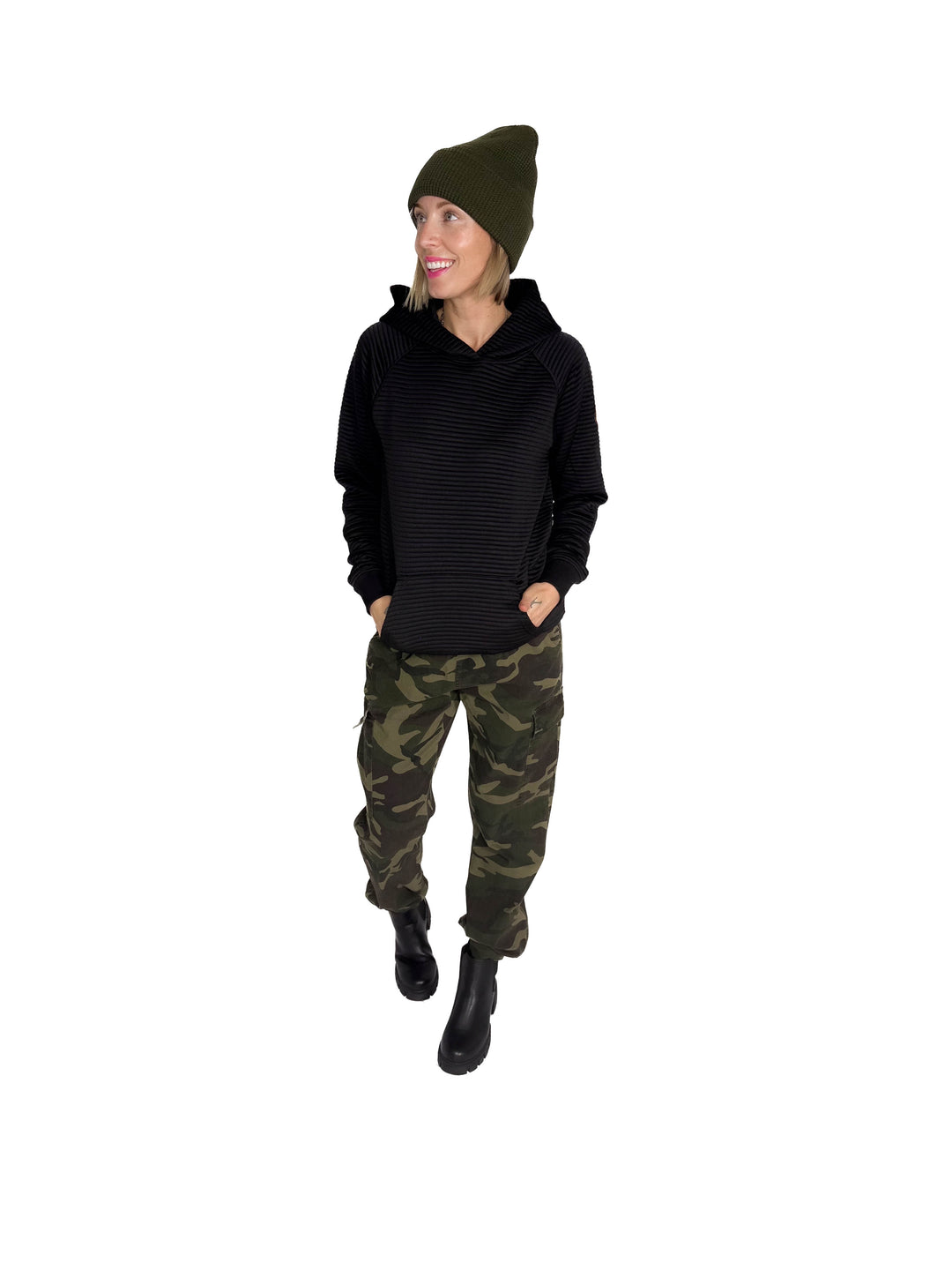 MICHELLE MAE Tatum Textured Hoodie- BLACK