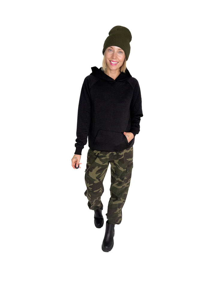 MICHELLE MAE Tatum Textured Hoodie- BLACK