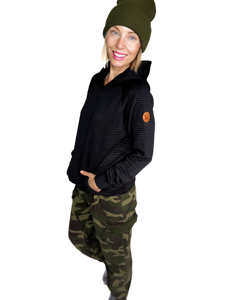 MICHELLE MAE Tatum Textured Hoodie- BLACK