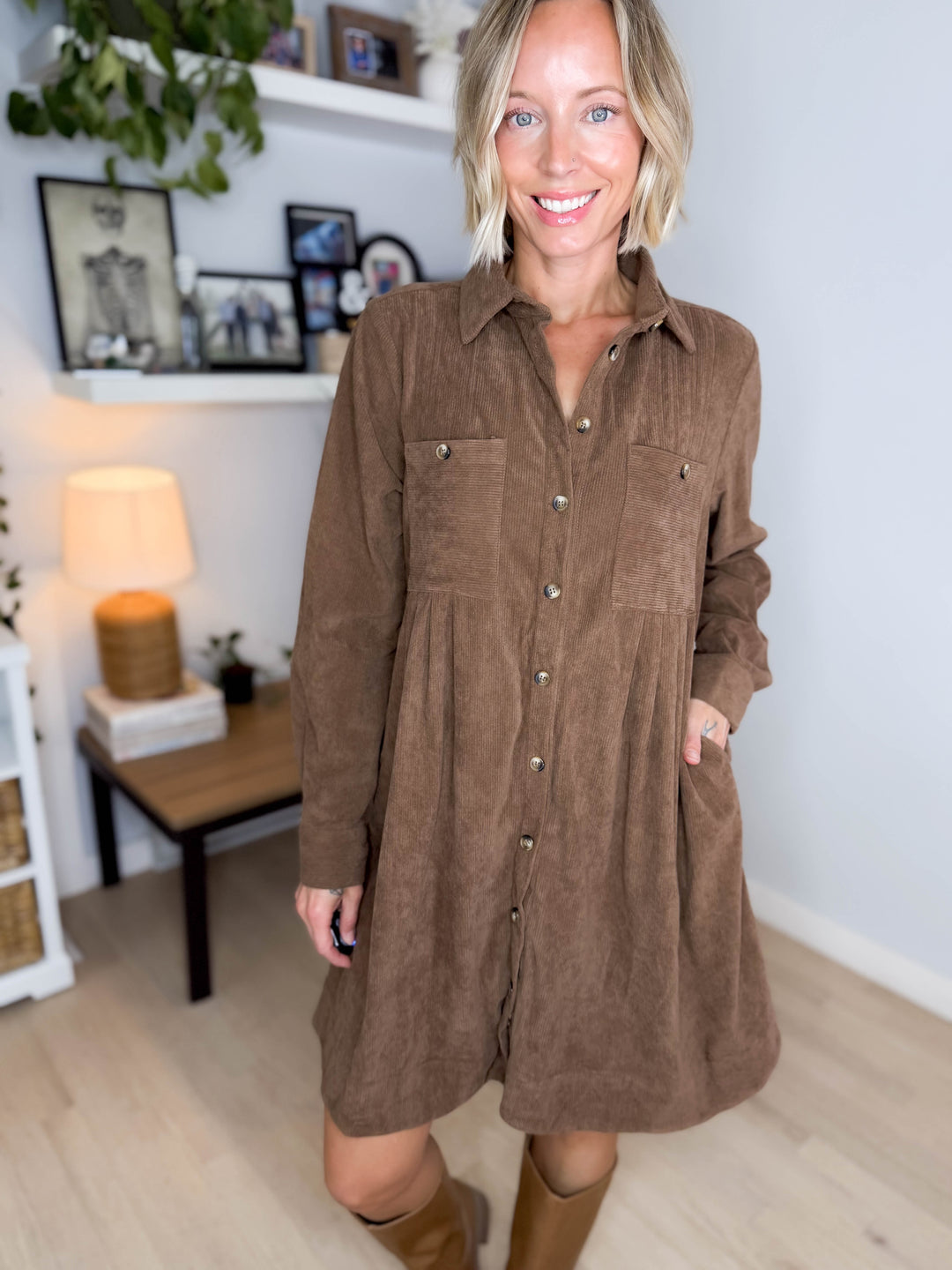 Evenelle Corduroy Mini Dress- MOCHA