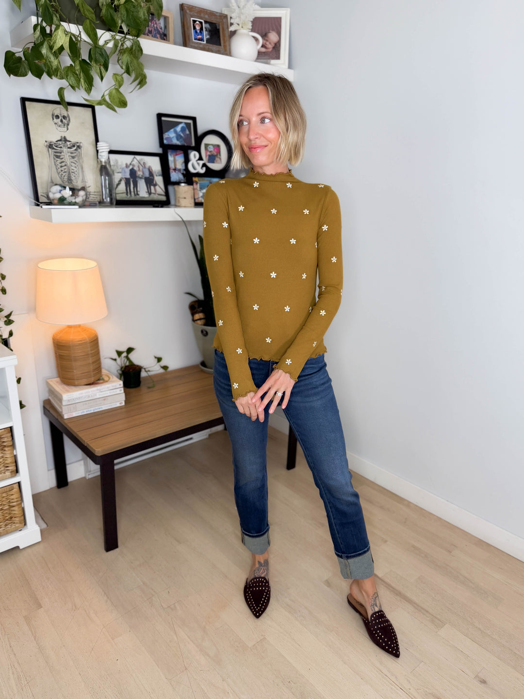 Mila Mock Neck Cabbage Hem Long Sleeve Top- DARK MUSTARD