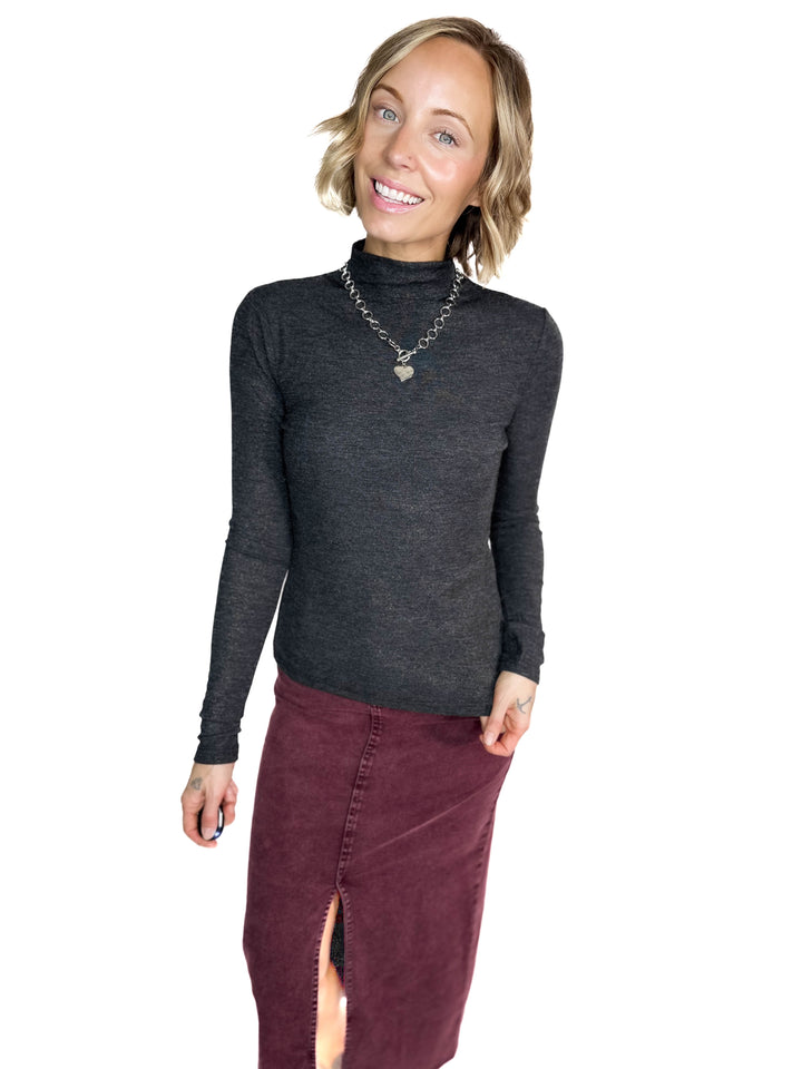 Snow Bound Mock Neck Glitter Long Sleeve- BLACK
