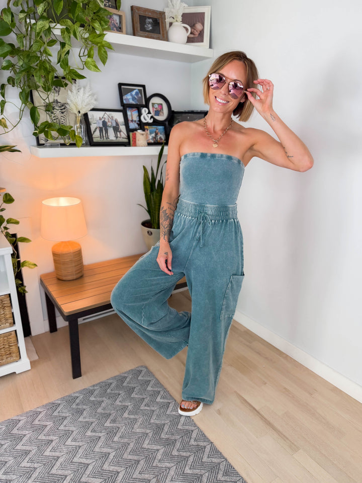 Whitney Strapless Cargo Jumpsuit- DARK TEAL
