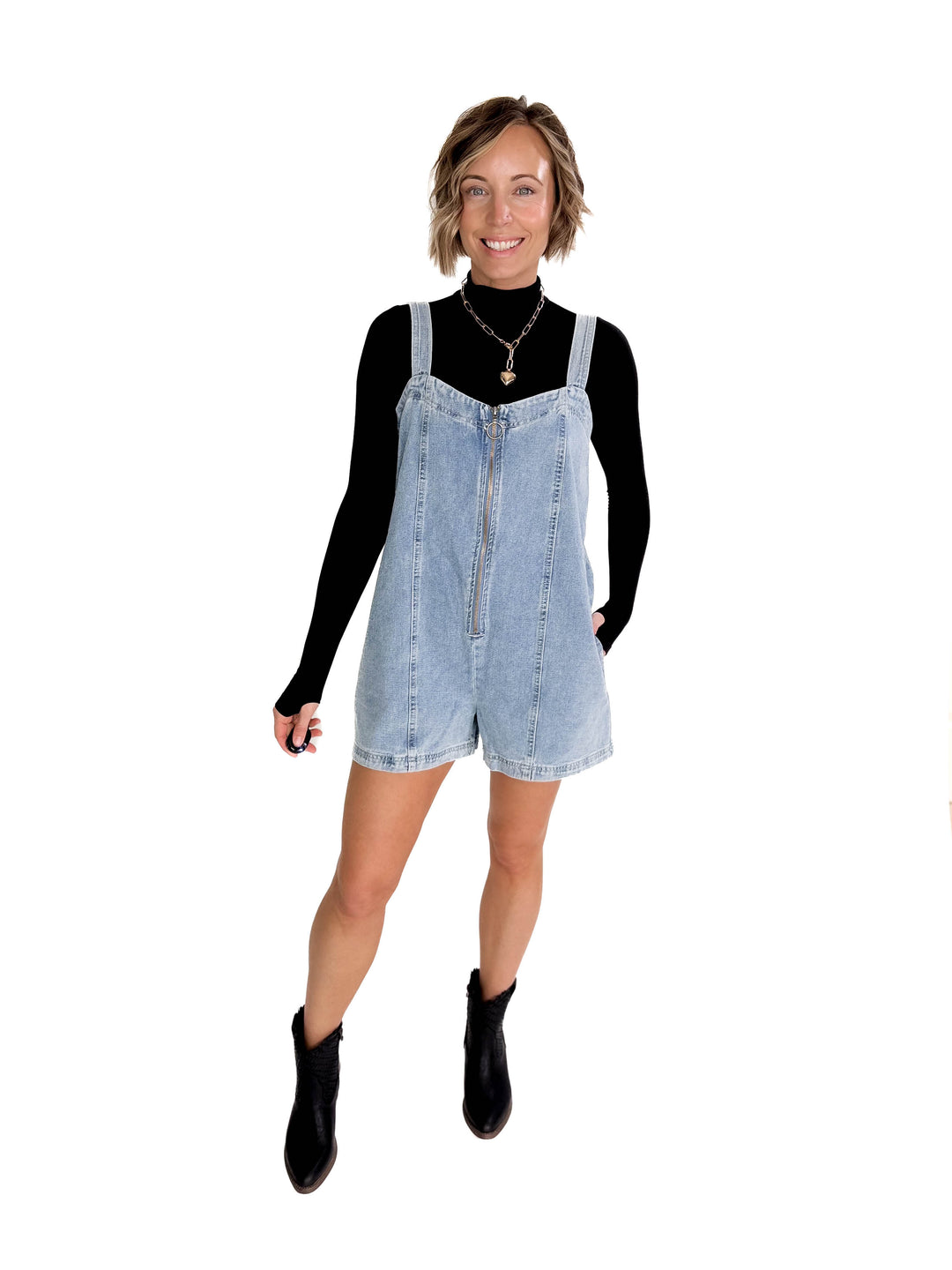 Elsie Denim Zippered Romper- DENIM-FINAL SALE