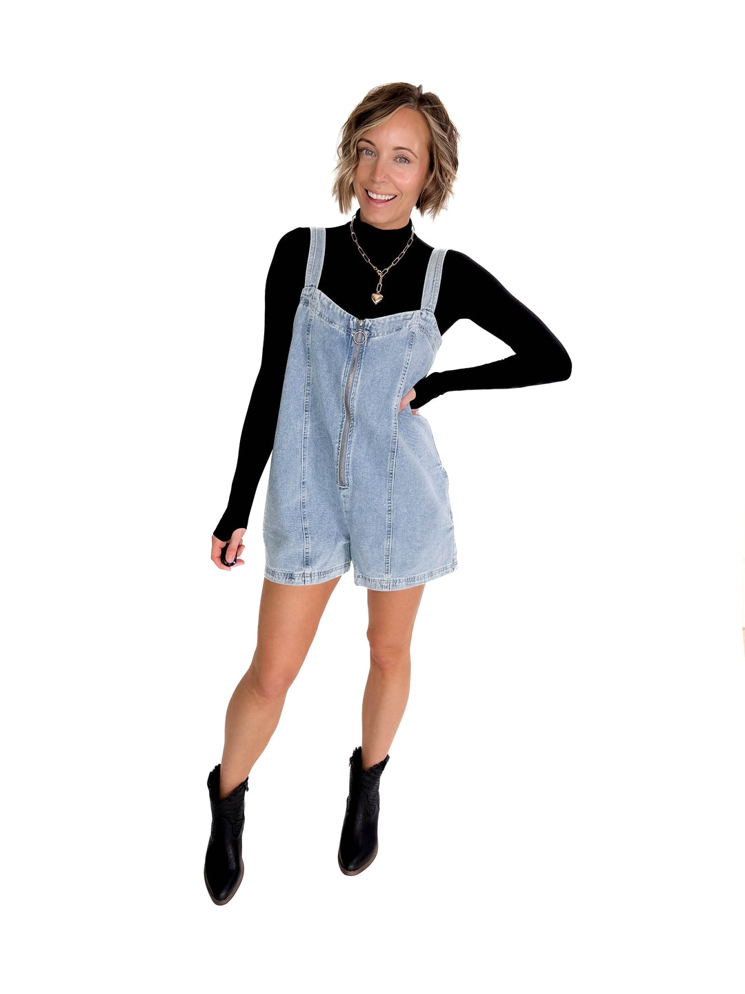 Elsie Denim Zippered Romper- DENIM-FINAL SALE