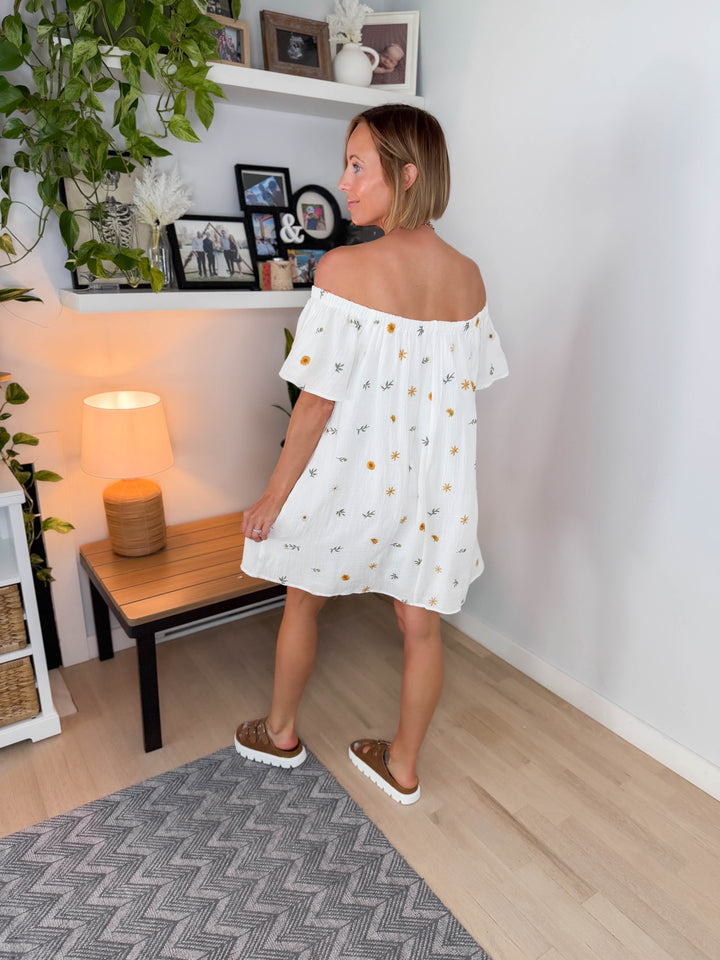 Warm Weather Cotton Gauze Embroided Mini Dress- OFF WHITE