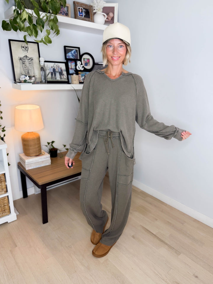 Jade Waffle Long Sleeve and Barrel Pant Set- OLIVE