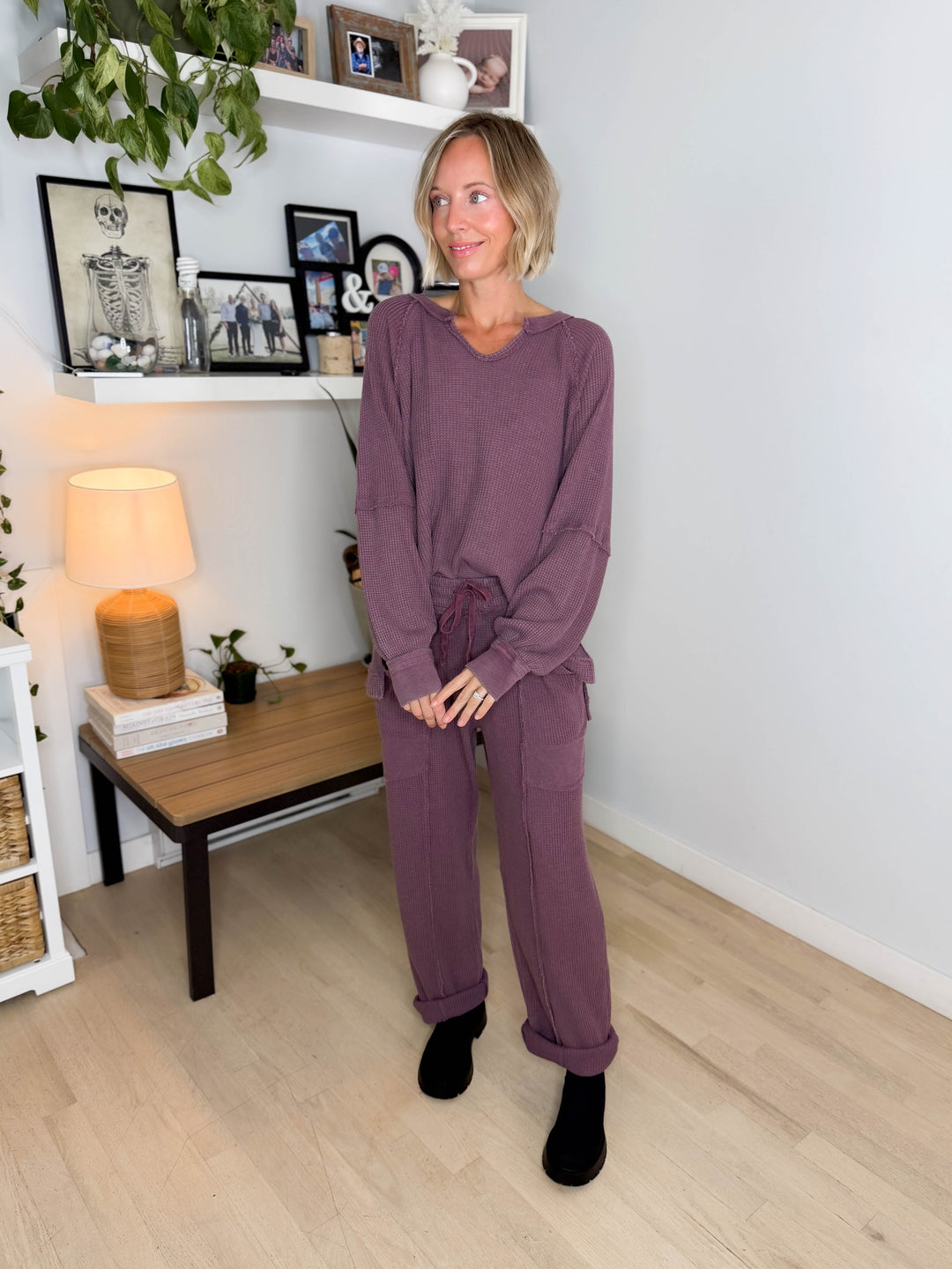 Jade Waffle Long Sleeve and Barrel Pant Set- DARK CHERRY