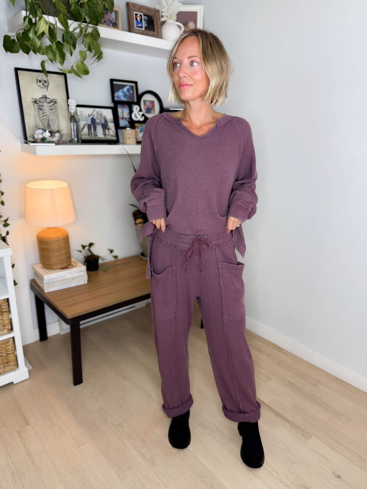 Jade Waffle Long Sleeve and Barrel Pant Set- DARK CHERRY