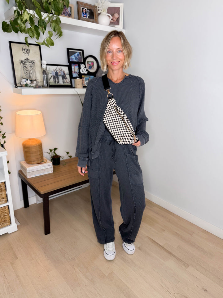 Jade Waffle Long Sleeve and Barrel Pant Set- BLACK