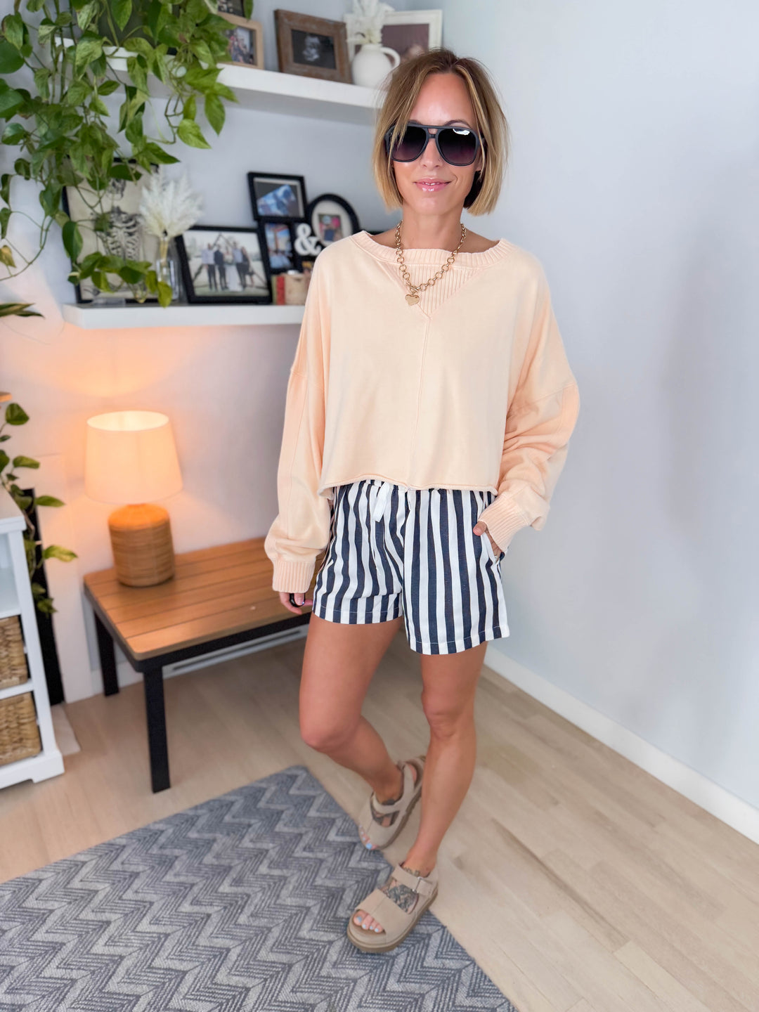Heather French Terry Crop Sweater- PEACH