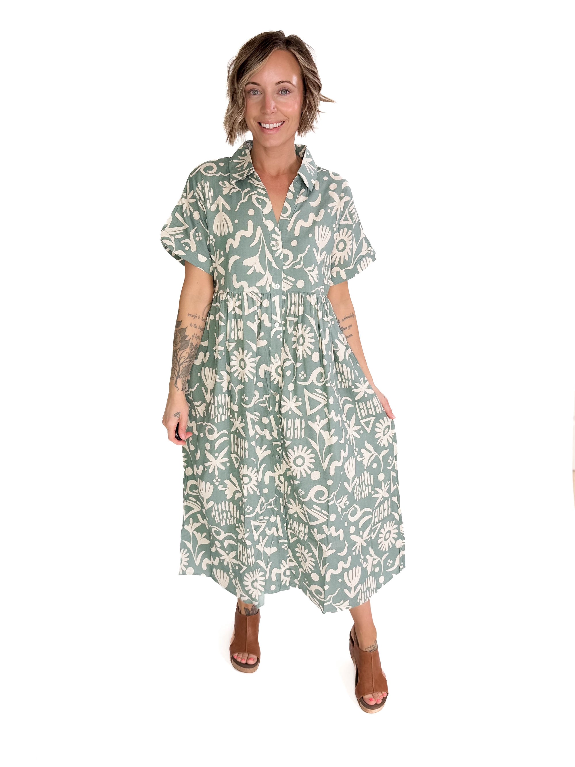 Sundown Button Midi Dress- SAGE