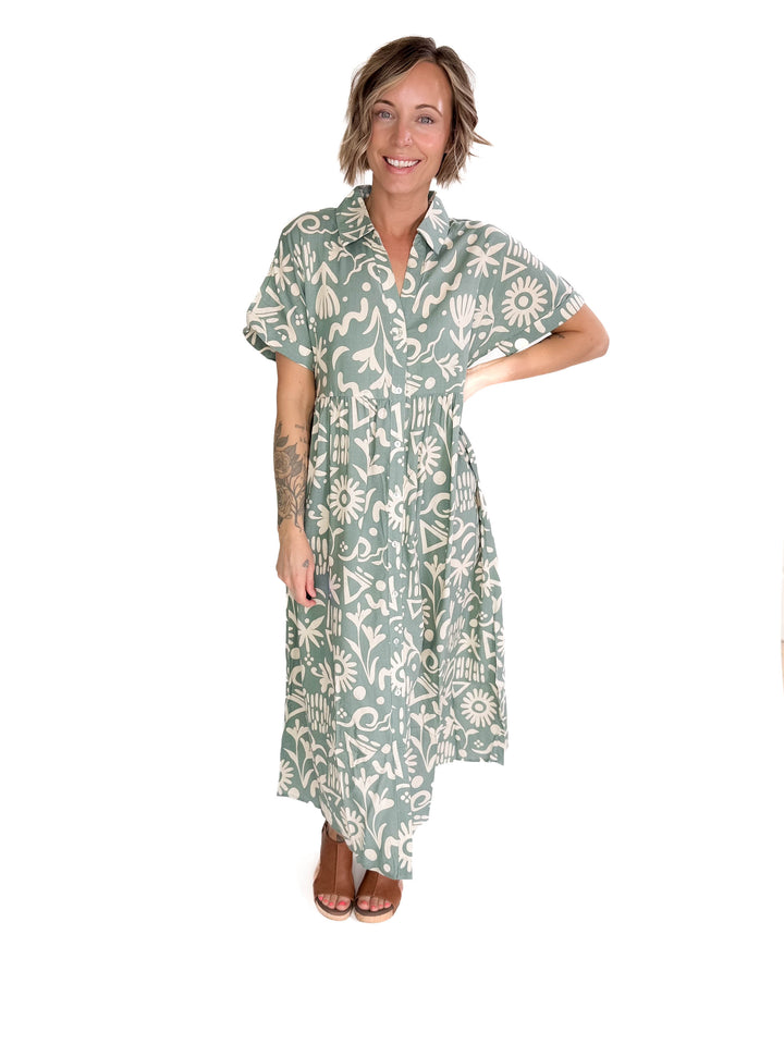 Sundown Button Midi Dress- SAGE-FINAL SALE