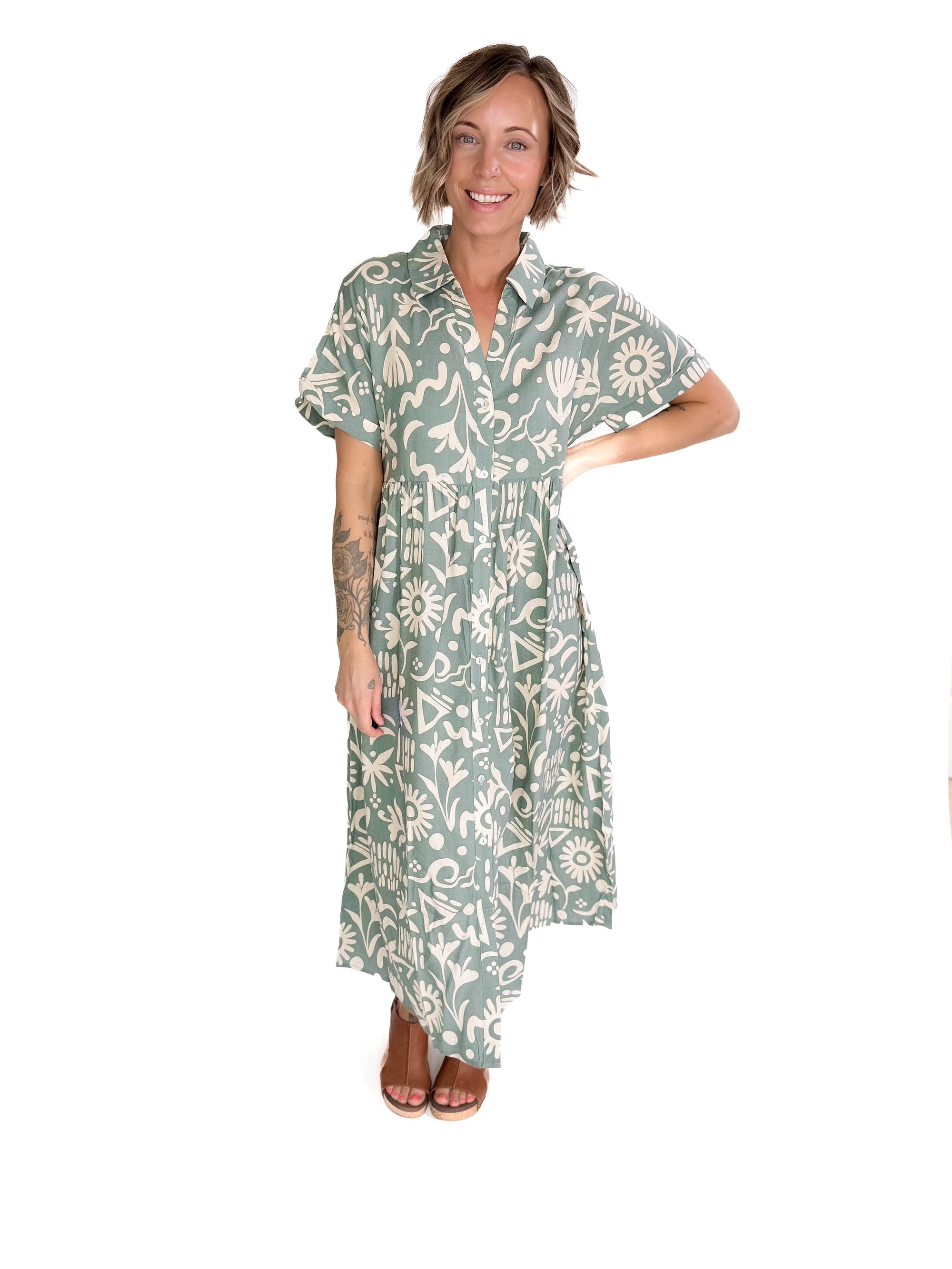 Sundown Button Midi Dress- SAGE
