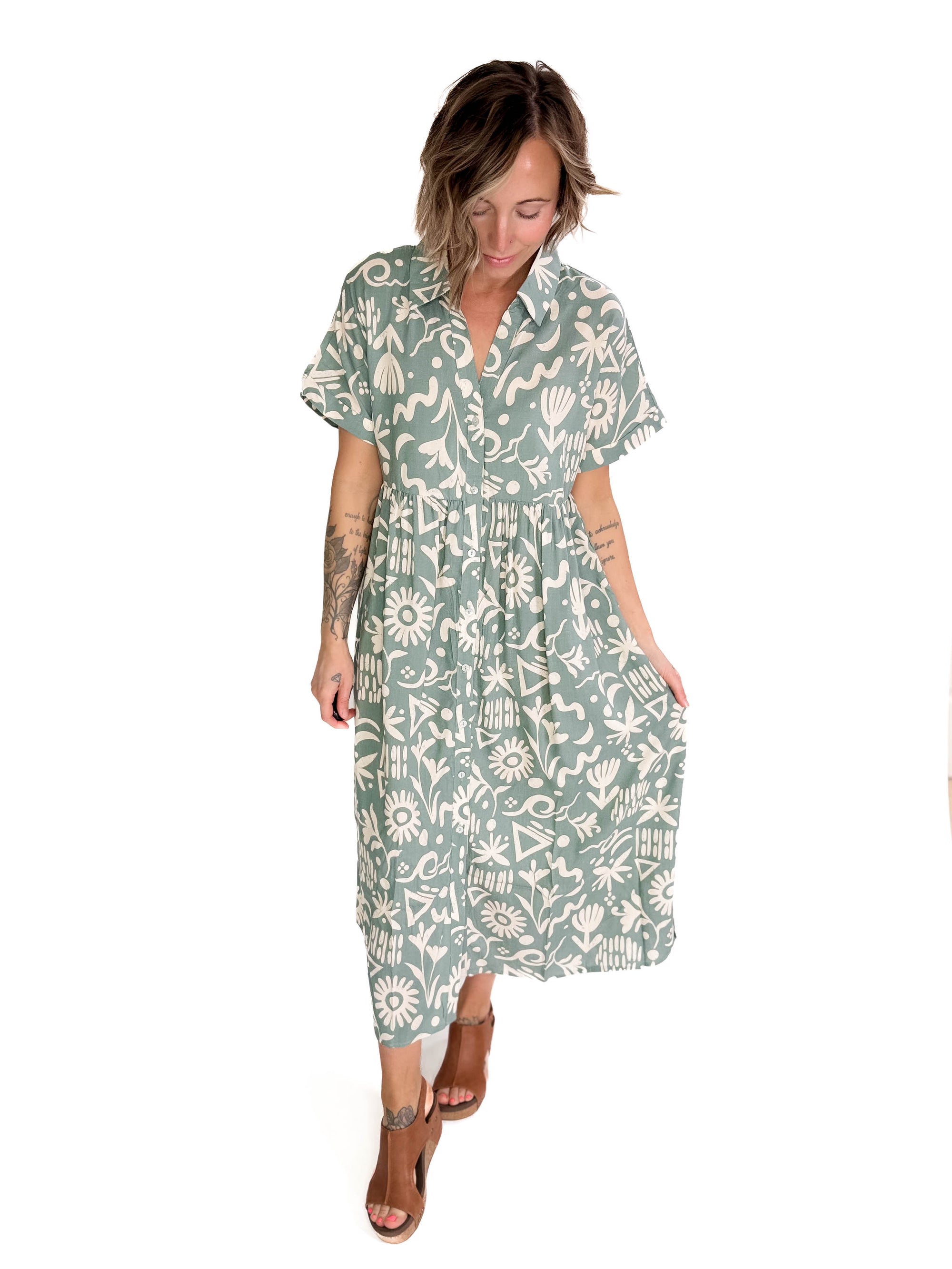 Sundown Button Midi Dress- SAGE