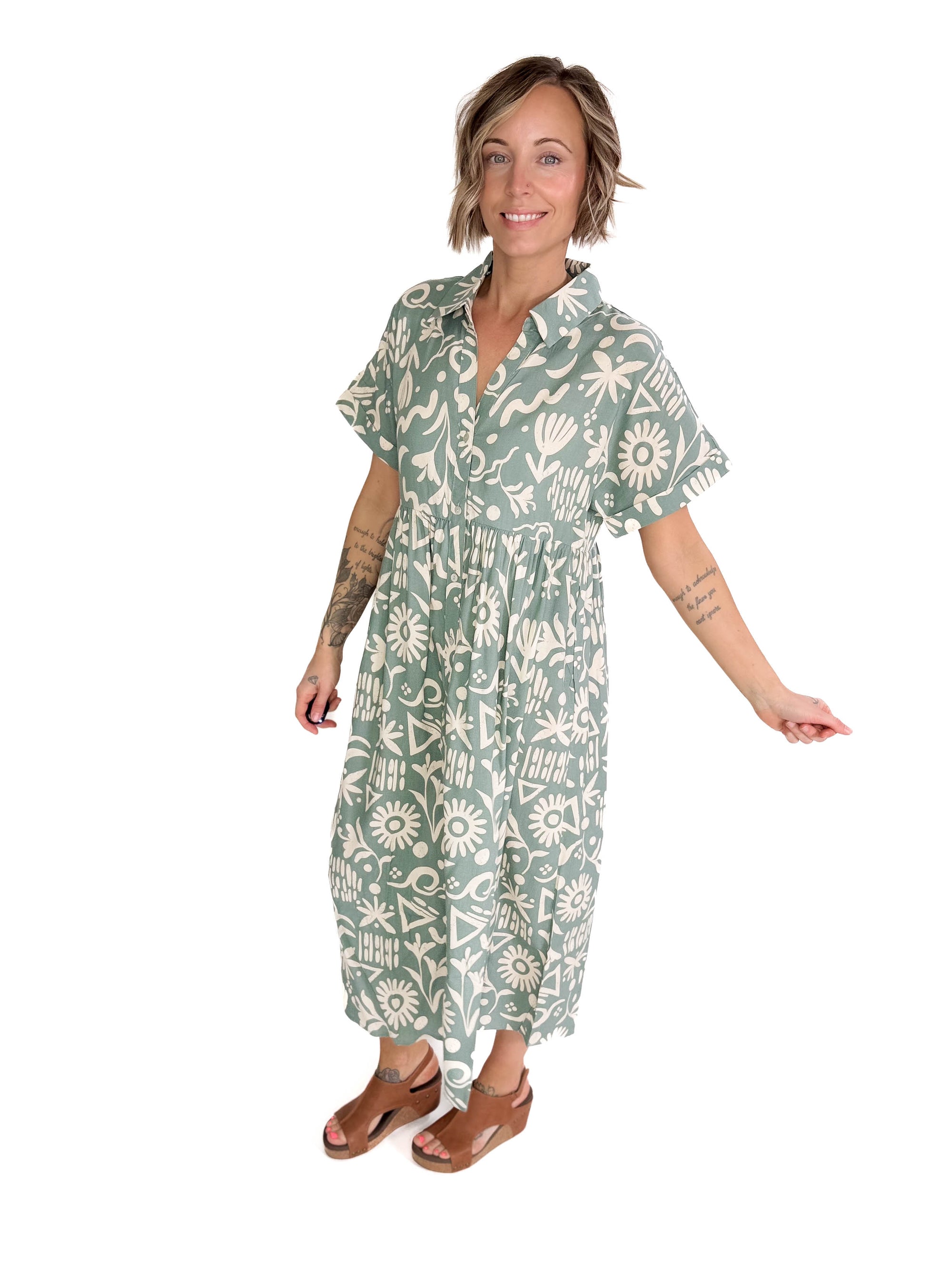 Sundown Button Midi Dress- SAGE
