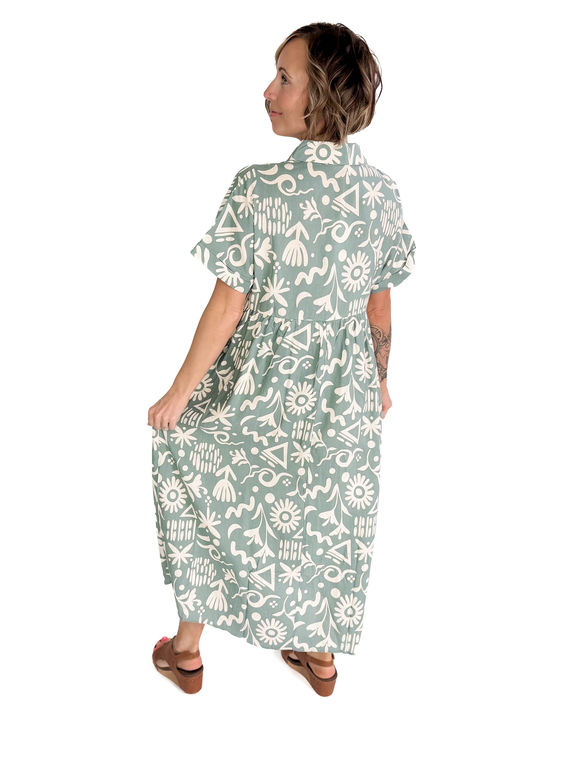 Sundown Button Midi Dress- SAGE