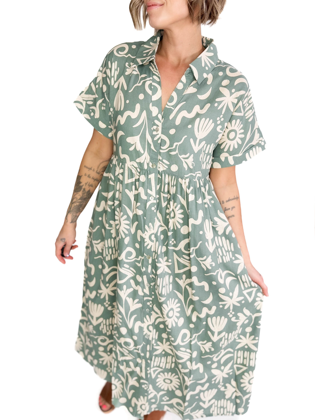 Sundown Button Midi Dress- SAGE-FINAL SALE