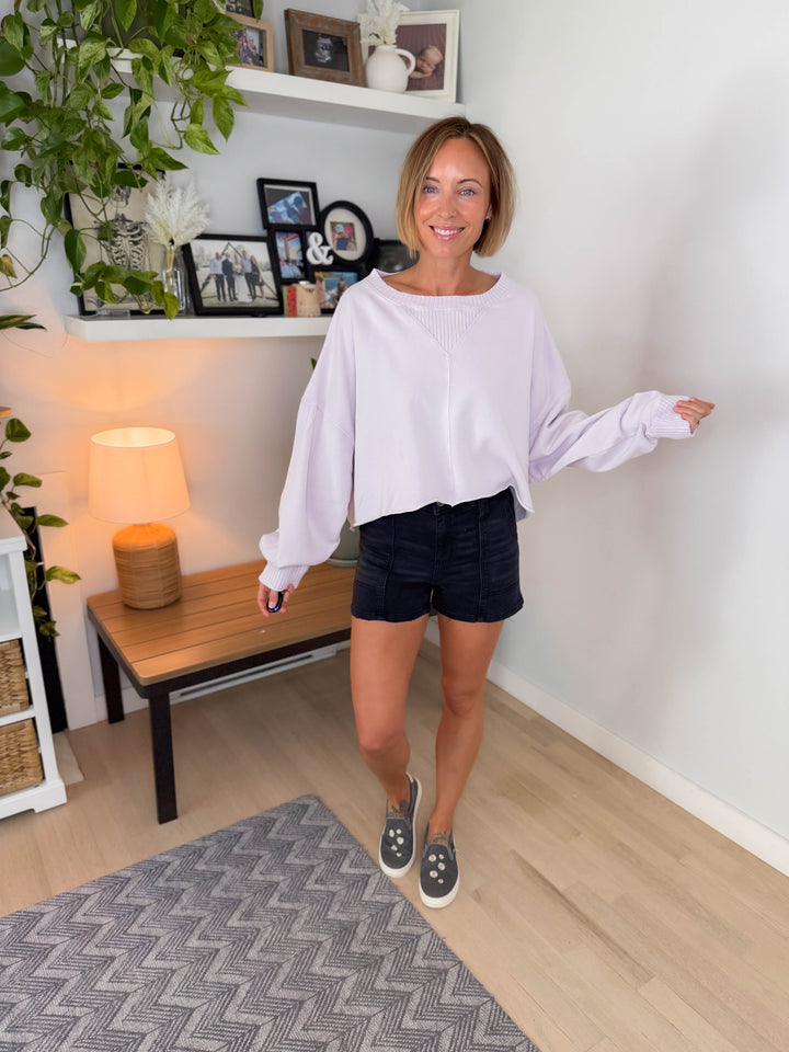 Heather French Terry Crop Sweater- LAVENDER