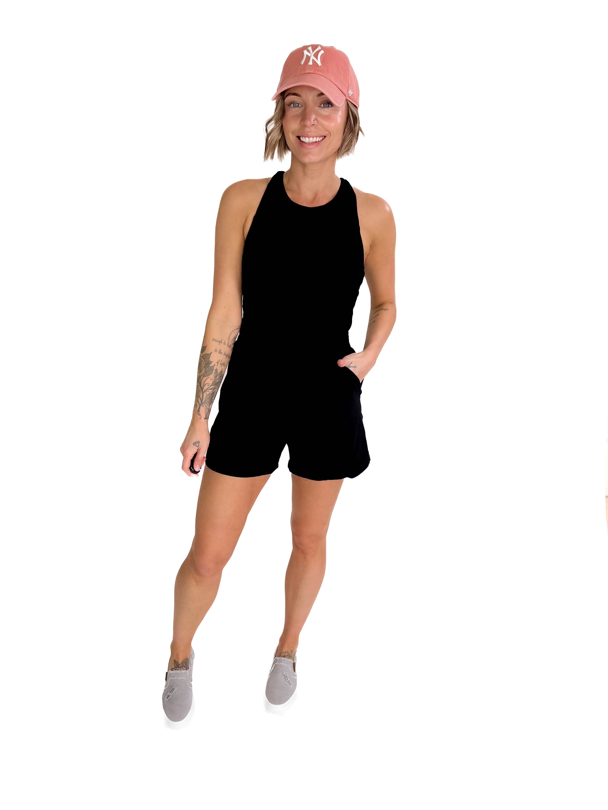 MONO B Maren Cross Back Romper- BLACK