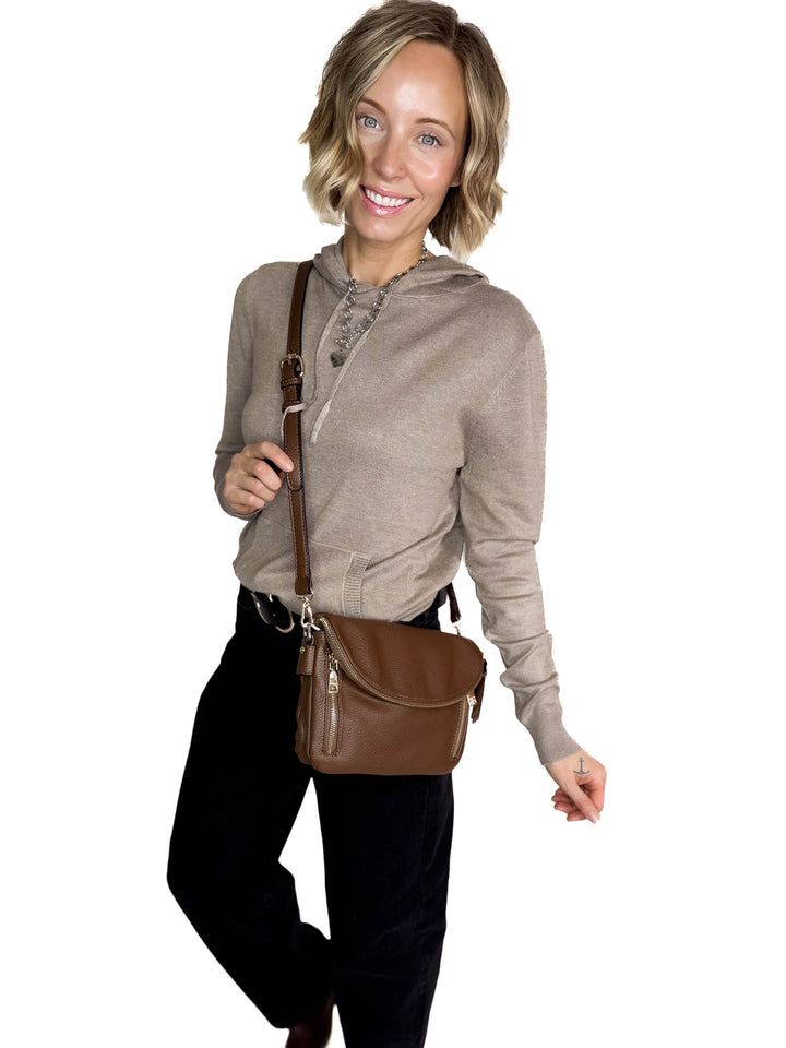 Aubree Flapover Crossbody Bag- BROWN