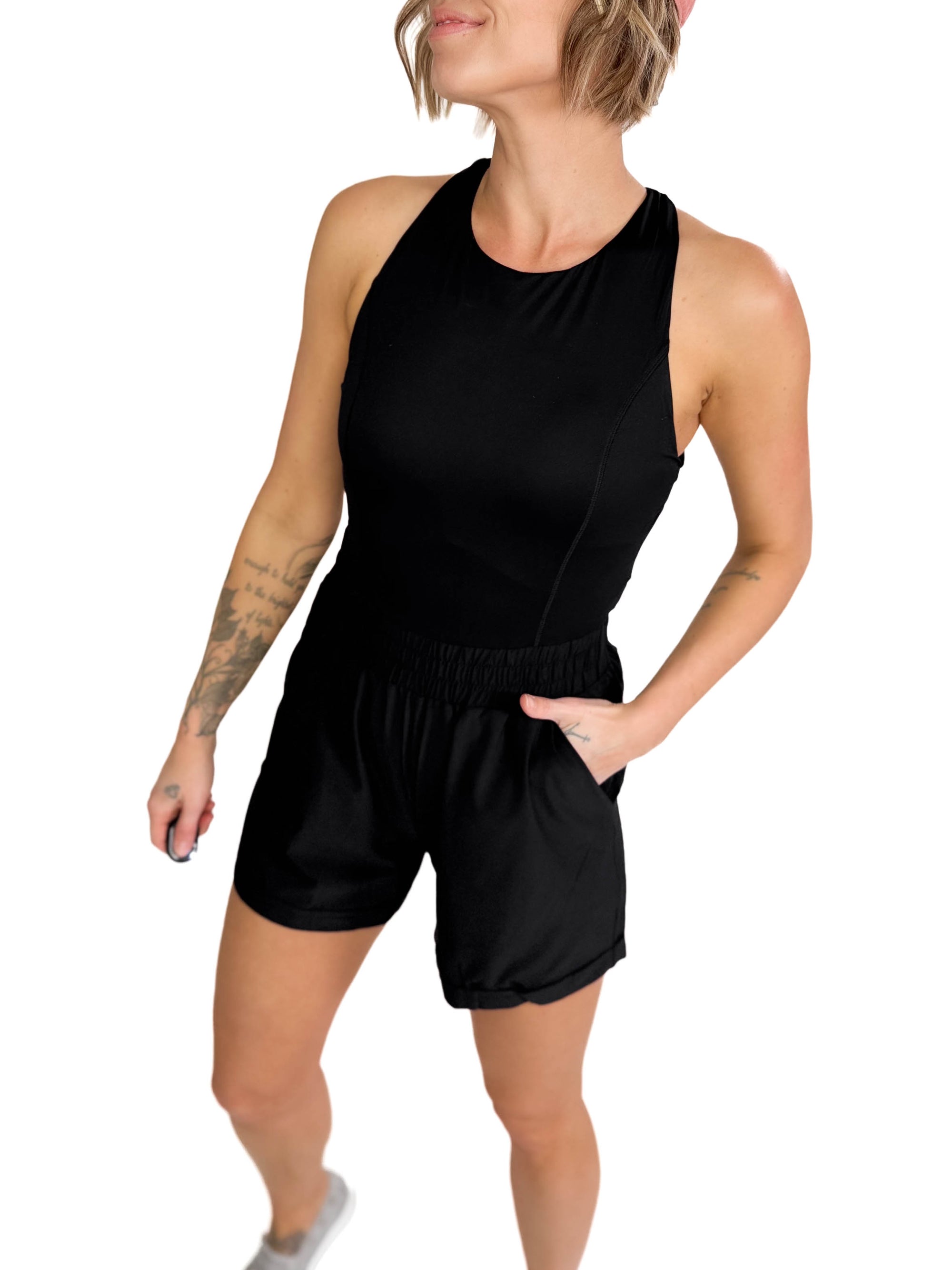 MONO B Maren Cross Back Romper- BLACK