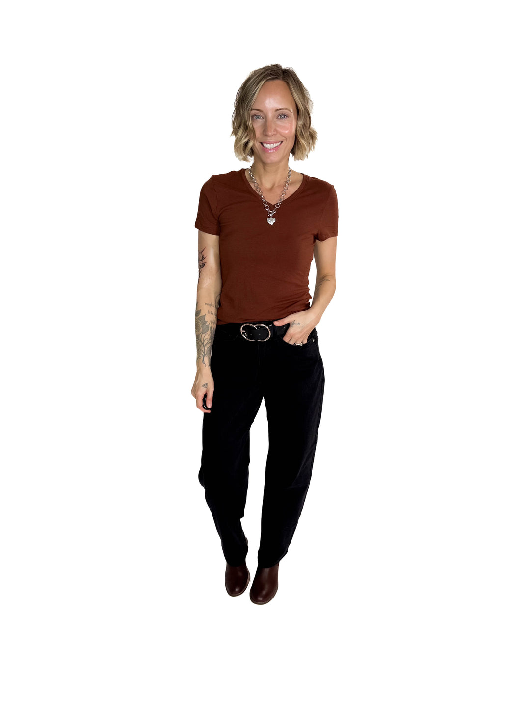 Alder Stretch Cotton V-Neck Tee- MAHOGANY