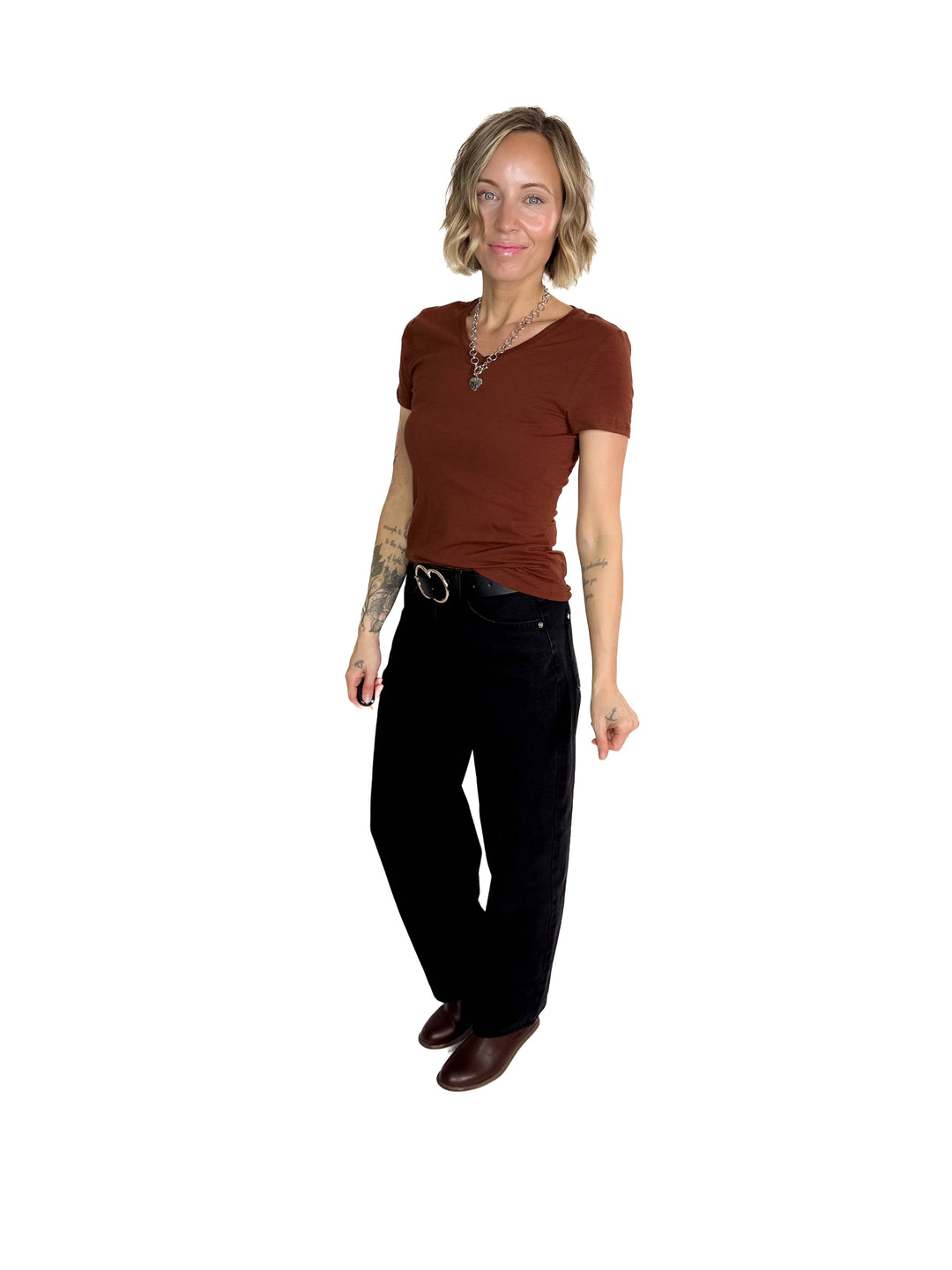 Alder Stretch Cotton V-Neck Tee- MAHOGANY